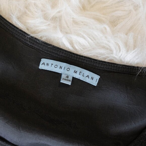 ANTONIO MELANI LBD DRESS SZ 4 BLACK GRAY SHORT CAP SLEEVE SCALLOPED LACE TRIM - Picture 3 of 3